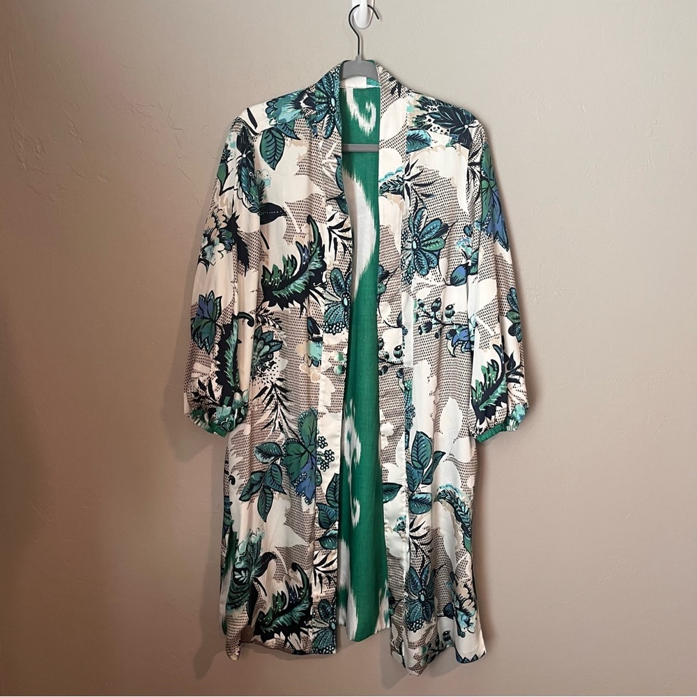 Chico’s Reversible Floral Printed Longline Kimono Ikat Duster Cardigan - Picture 12 of 15